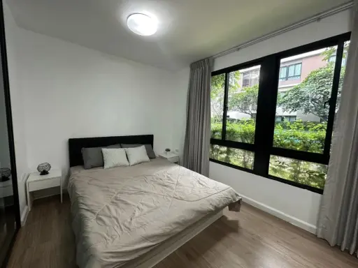 For rent, Icondo Salaya, behind the room there are trees, shady and pleasing to the eye, complete with a good built-in wardrobe, move in now.