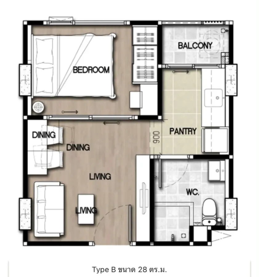 Happy Condo Donmuang The Terminal for rent. The unit has separate partitions, creating well-defined zones. Convenient and complete amenities all in on