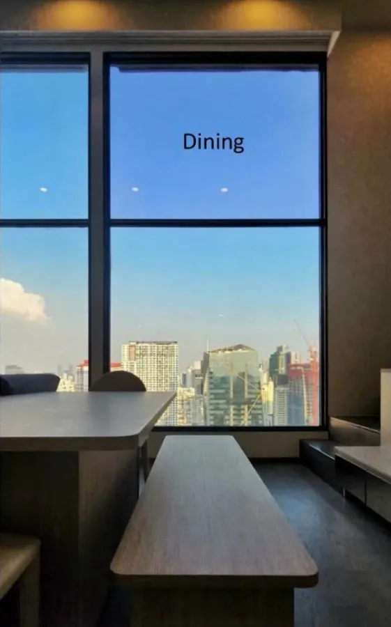For rent: Duplex unit at Park Origin Ratchathewi. High ceilings, spacious and comfortable. High floor with stunning city views and floor-to-ceiling wi