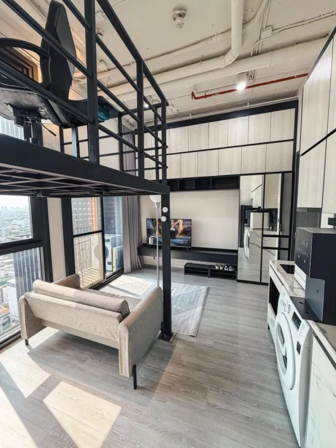 Available for immediate rental: The Line Sukhumvit 101, mezzanine duplex, maximizing space both inside and out, 16th floor, stunning river view. Book