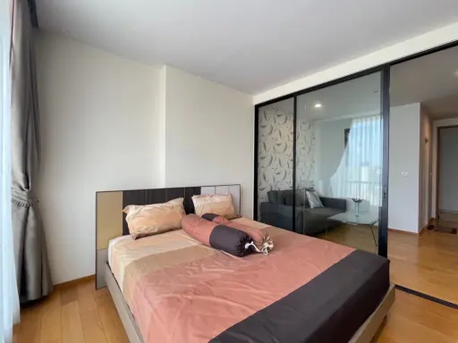 For rent: Noble Revo Silom, very high floor unit, fully furnished and ready to move in. Offers a partial view of the Chao Phraya River. Includes all a