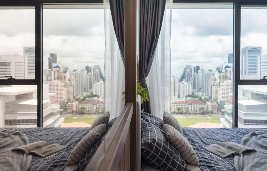 Condo for rent, Ideo Mobi Asoke, south facing room, city view, built-in room, view picture taken from the actual room.
