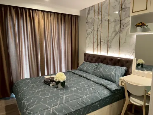 Luxury furnished room for rent at Regent Bangna Condo, real wood furniture, built-in, decorated in a modern luxury style. Reserve now!