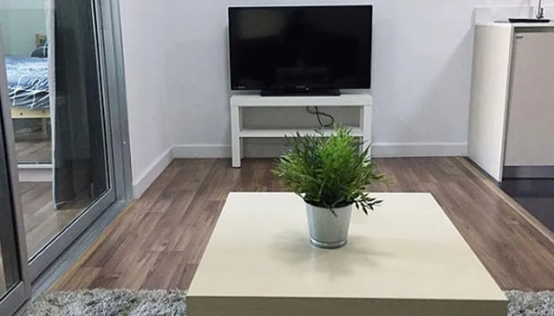 For rent A Space Me Rattanathibet, simple decorated room, blue tone, beautiful view, high view, shady, clean, pleasant