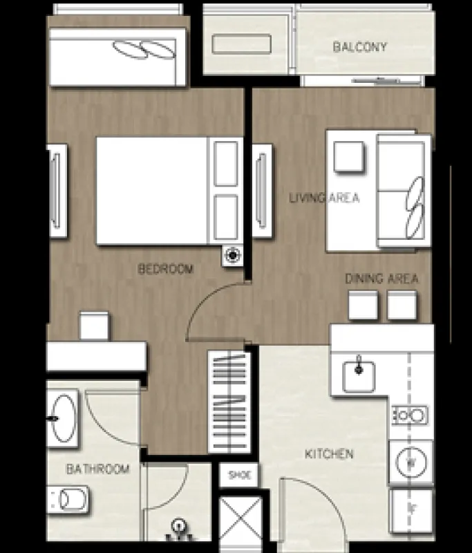 Room for rent 40 sq.m. Condo Onyx Phaholyothin, 1 bedroom, 1 bathroom, 12th floor, facing north.