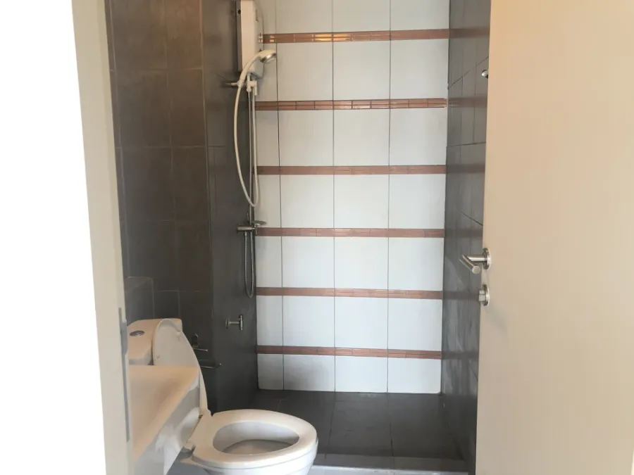 For sale: D Condo Campus Rangsit Phase 1. Bedroom has double-layered curtains that can be pulled closed to block UV light. Wallpaper on the walls. A h