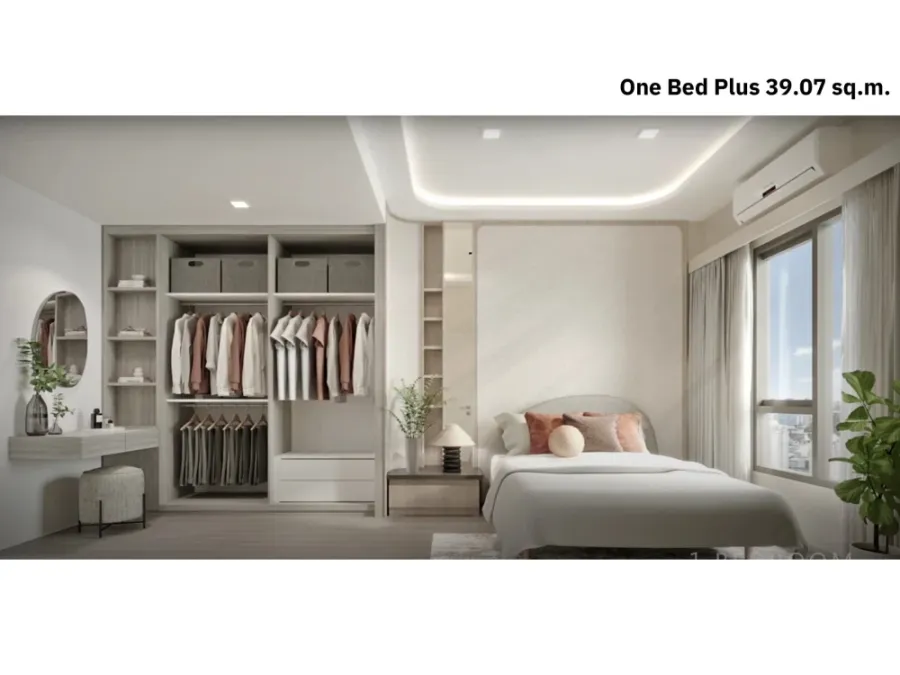 Down payment sale for COBE Ratchad Rama 9, One Bedroom Plus room, Building H, front zone of the project, unobstructed view of the common area.
