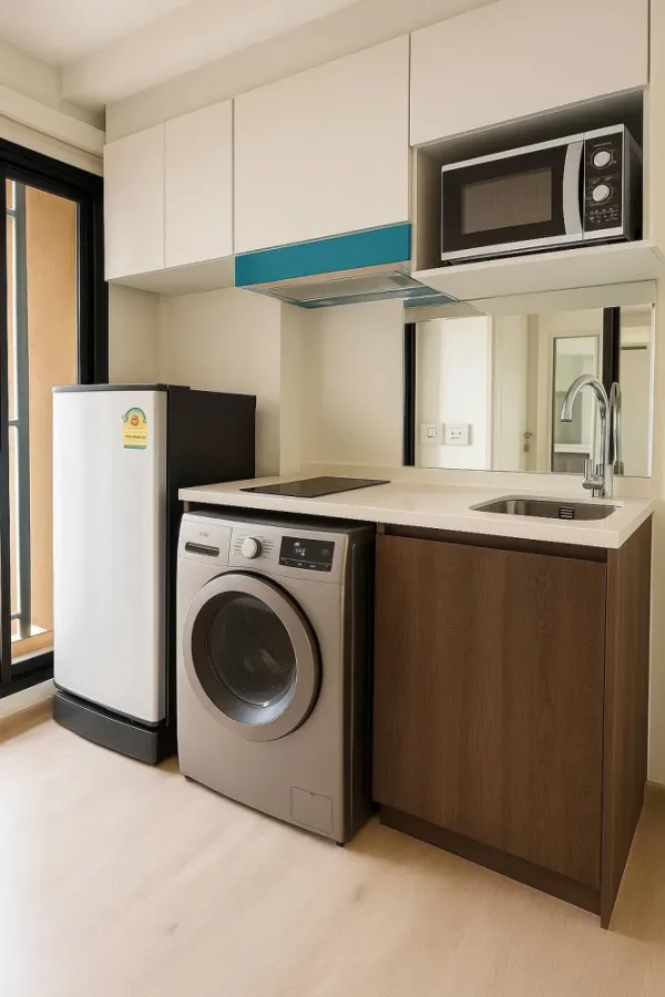 Studio apartment for rent near Nue Cross Khu Khot Station. Fully furnished with appliances and garden view. Book now!