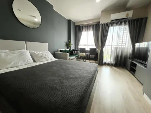 For RENT IDEO NEW RAMA 9 rooms, 15th floor, decorated in style, stylish The big bed is thick, soft to sleep. Good projects that should not be missed
