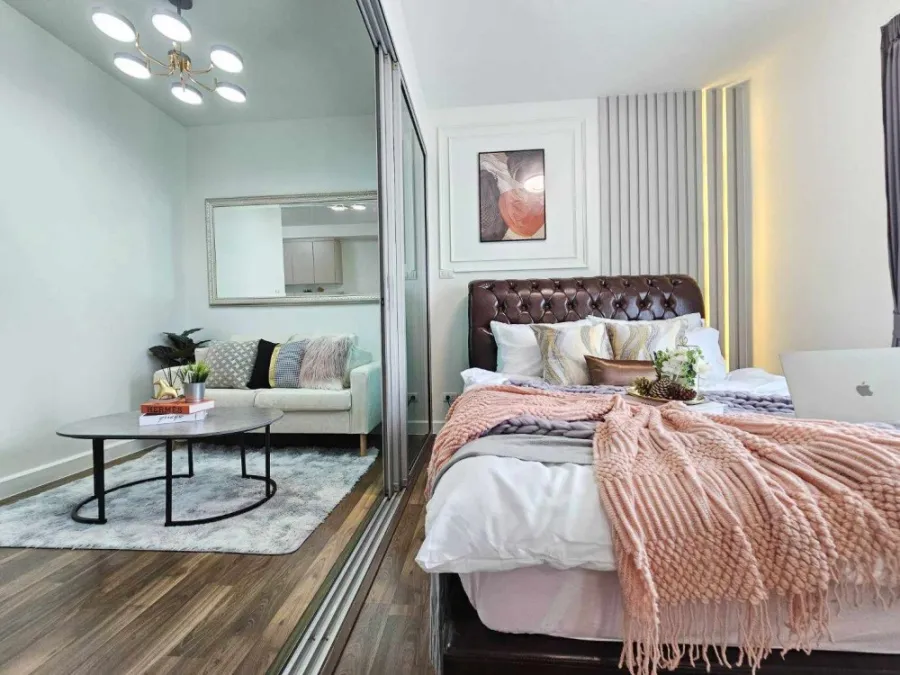 Condo for sale, A Space Bangna, beautifully decorated, corner room, balcony facing north, not hot, breeze passing through all year, book now.