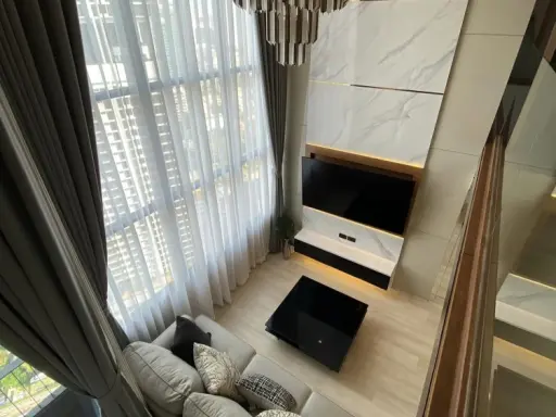 For sale: Knightsbridge Prime Sathorn, very high floor. The whole room is decorated with beautiful built-ins. There's a big screen TV. Hurry and get i