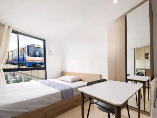 ให้เช่า Nue Core Khu Khot Station ห้องสตูดิโอ ตึก B ห้องสวย แสงดี วิวรถไฟฟ้าจากหน้าต่าง Fully Furnished พร้อมเข้าอยู่
