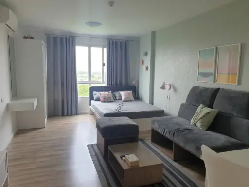 Rent now D Condo Campus Rangsit Phase 2, good view, clear air, attached to mosquito nets, wood must be afraid of mosquitoes. If interested, reserve now.