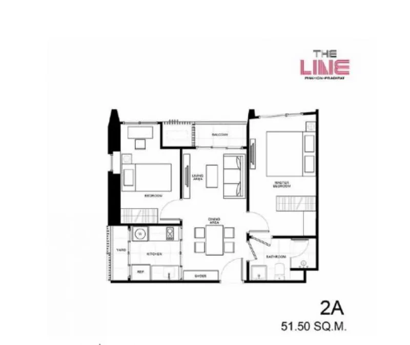 ขายดาวน์The Lineพหล-ประดิพัทธ์ 2ห้องนอน 51.50ตร.ม.