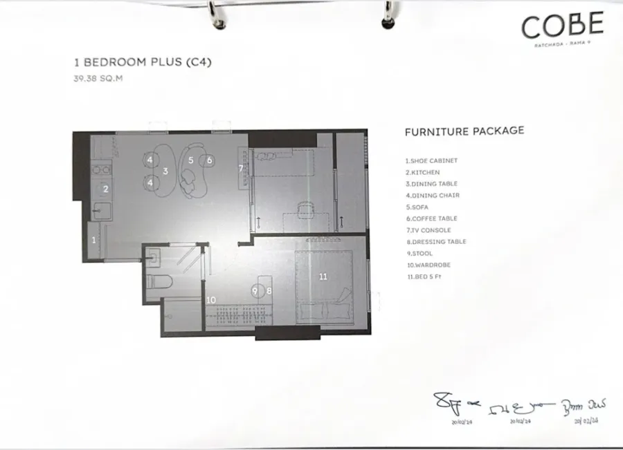 ขายดาวน์ COBE รัชดา-พระราม 9 ห้องมุม 1 Bedroom Plus ขนาด 39.38 ตร.ม. พร้อม Build-in Furniture จากโครงการ จองเลย