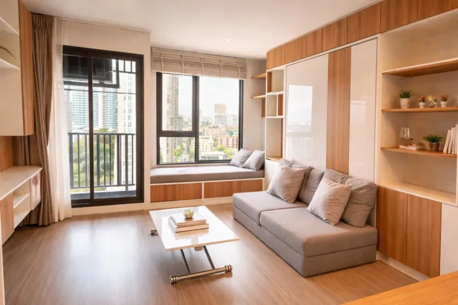 For rent: Life Ladprao condo with multi-functional furniture. The well-designed furniture maximizes space, making the room feel spacious, airy, and in